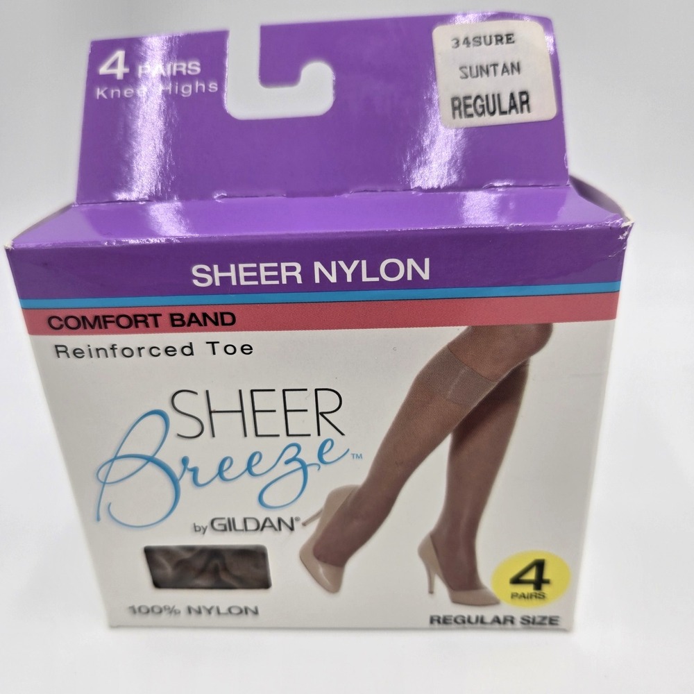 Sheer Breeze by Gildan Sheer Nylon Comfort Band Knee Highs Suntan (4‎ Pairs)